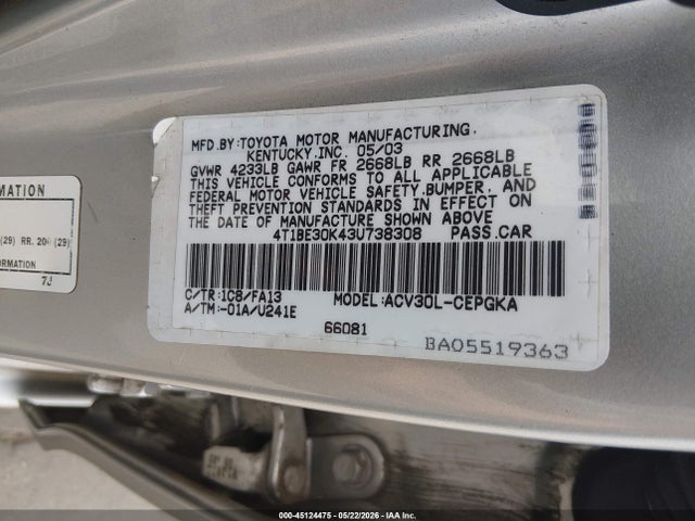 45124475 :رقم المزاد ، 4T1BE30K43U738308 vin ، 2003 Toyota Camry Xle مزاد بيع