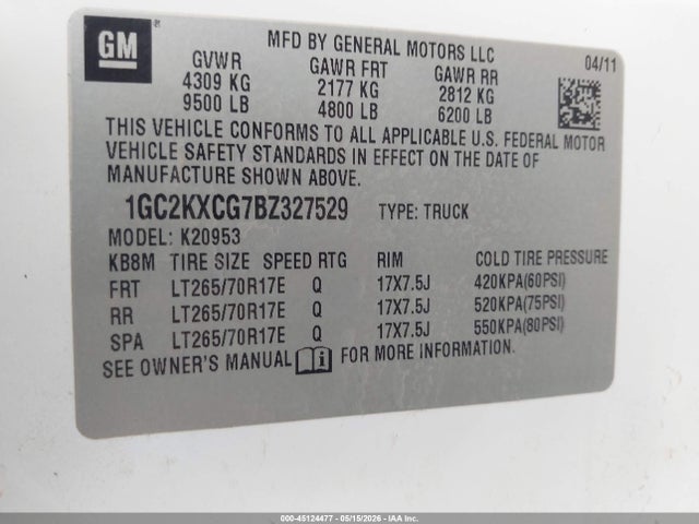 2011 Chevrolet Silverado 2500hd Lt მანქანა იყიდება აუქციონზე, vin: 1GC2KXCG7BZ327529, აუქციონის ნომერი: 45124477