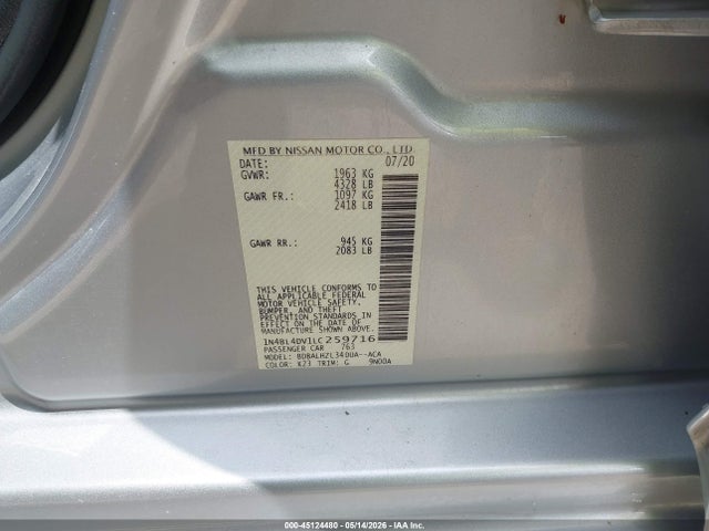 45124480 :رقم المزاد ، 1N4BL4DV1LC259716 vin ، 2020 Nissan Altima Sv Fwd مزاد بيع