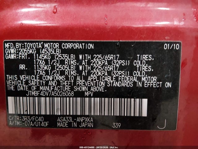 Продаж на аукціоні авто 2010 Toyota Rav4, vin: JTMBF4DV7A5026068, номер лоту: 45124495