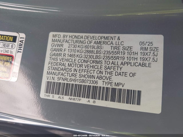 Honda Odyssey Elite 2025 5FNRL6H91SB073306 Image 9