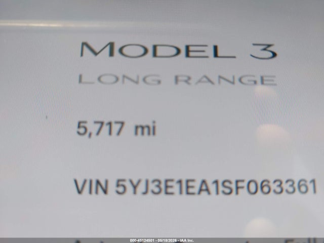 45124501 :رقم المزاد ، 5YJ3E1EA1SF063361 vin ، 2025 Tesla Model 3 Long Range Rear-wheel Drive/standard Rear-wheel Drive مزاد بيع