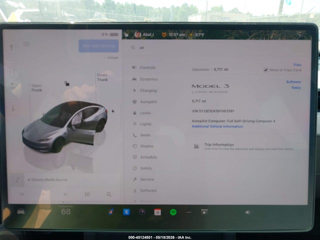 45124501 :رقم المزاد ، 5YJ3E1EA1SF063361 vin ، 2025 Tesla Model 3 Long Range Rear-wheel Drive/standard Rear-wheel Drive مزاد بيع