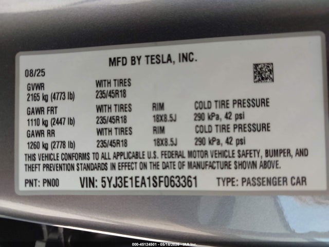 45124501 :رقم المزاد ، 5YJ3E1EA1SF063361 vin ، 2025 Tesla Model 3 Long Range Rear-wheel Drive/standard Rear-wheel Drive مزاد بيع