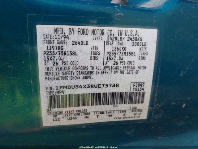 1994 Ford Explorer მანქანა იყიდება აუქციონზე, vin: 1FMDU34X3RUE75738, აუქციონის ნომერი: 45124503