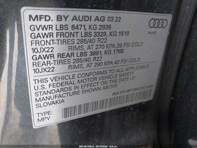 45124514 :رقم المزاد ، WA1FVBF19ND021446 vin ، 2022 Audi Q8 Prestige 55 Tfsi Quattro Tiptronic مزاد بيع