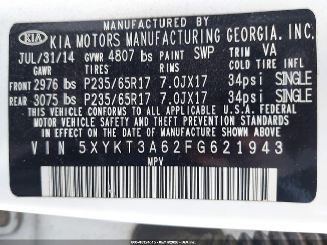 KIA SORENTO LX 2015 5XYKT3A62FG621943 Image 9