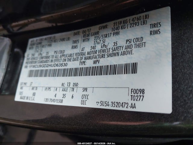 45124527 :رقم المزاد ، 1FMCU9GD2HUD63530 vin ، 2017 Ford Escape Se مزاد بيع