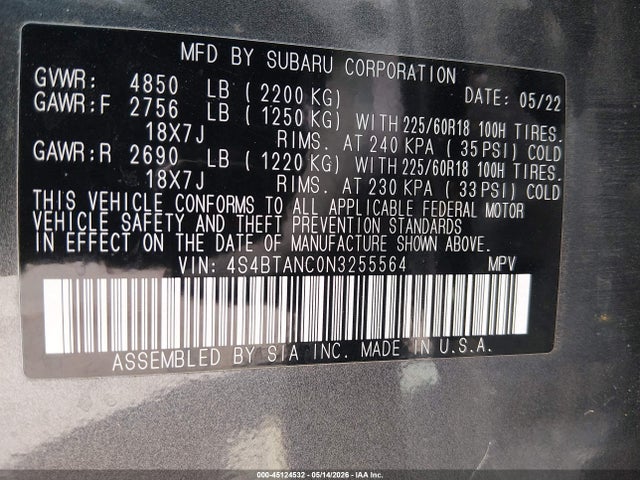 45124532 :رقم المزاد ، 4S4BTANC0N3255564 vin ، 2022 Subaru Outback Limited مزاد بيع