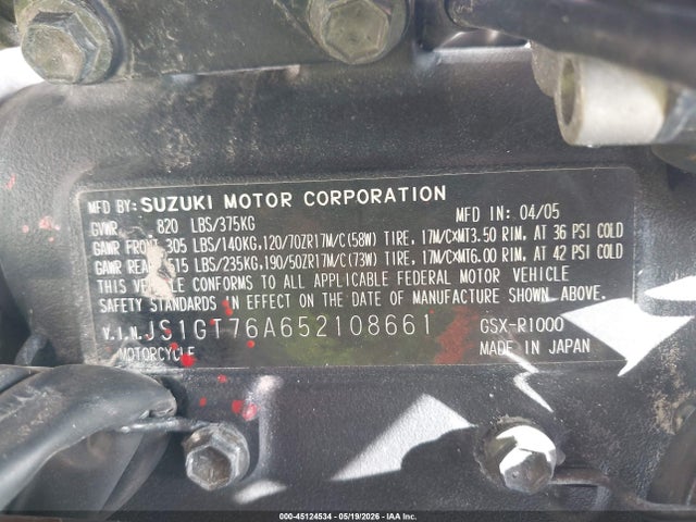 Aukcja sprzedaży 2005 Suzuki Gsx-r1000, vin: JS1GT76A652108661, numer aukcji: 45124534