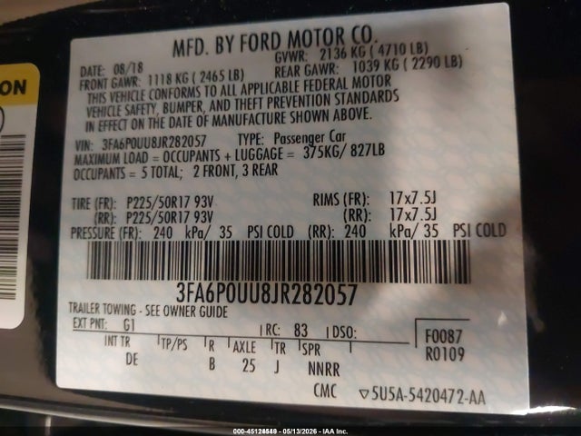 Aukcja sprzedaży 2018 Ford Fusion Hybrid S, vin: 3FA6P0UU8JR282057, numer aukcji: 45124549