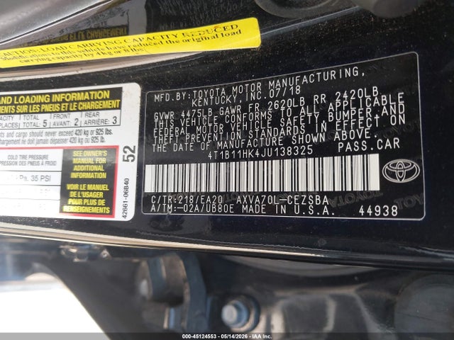 Продажа на аукционе авто 2018 Toyota Camry Se, vin: 4T1B11HK4JU138325, номер лота: 45124553