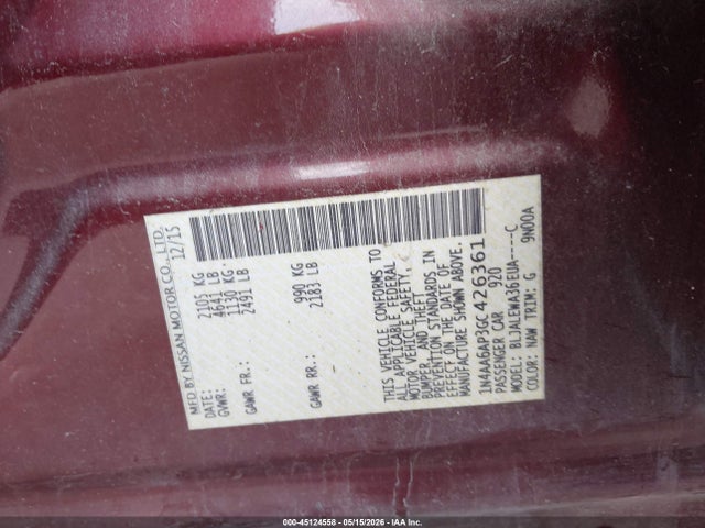45124558 :رقم المزاد ، 1N4AA6AP3GC426361 vin ، 2016 Nissan Maxima 3.5 Sl مزاد بيع