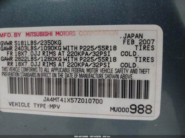Продаж на аукціоні авто 2007 Mitsubishi Outlander Xls, vin: JA4MT41X57Z010700, номер лоту: 45124560
