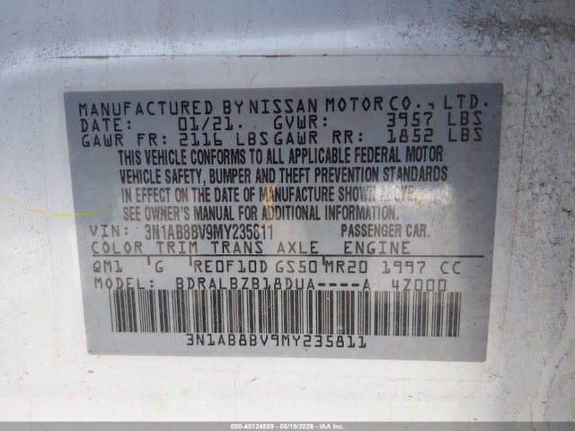 2021 Nissan Sentra S Xtronic Cvt მანქანა იყიდება აუქციონზე, vin: 3N1AB8BV9MY235811, აუქციონის ნომერი: 45124559