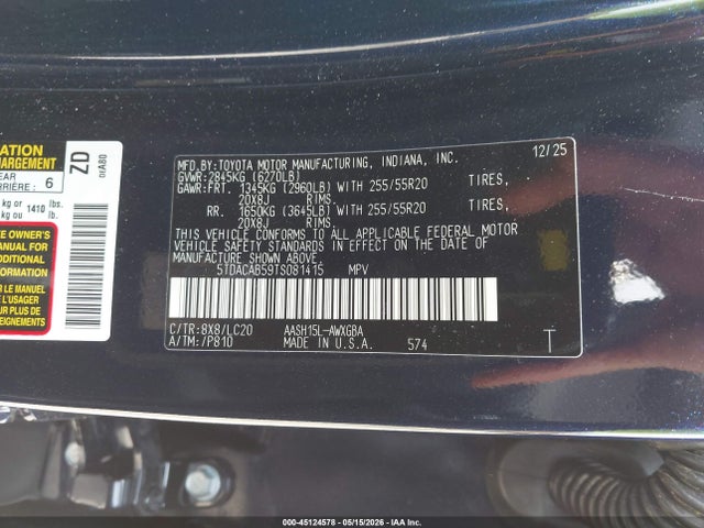 5TDACAB59TS081415 Toyota Grand Highlander Hybrid Limited