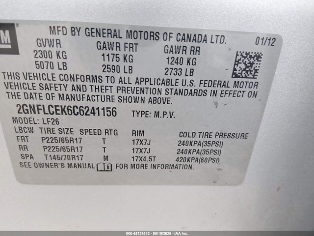 Aukcja sprzedaży 2012 Chevrolet Equinox Ls, vin: 2GNFLCEK6C6241156, numer aukcji: 45124582