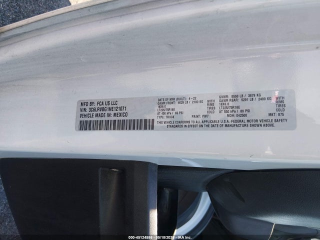 Aukcja sprzedaży 2022 Ram Promaster 1500 High Roof 136 Wb, vin: 3C6LRVBG1NE121071, numer aukcji: 45124586