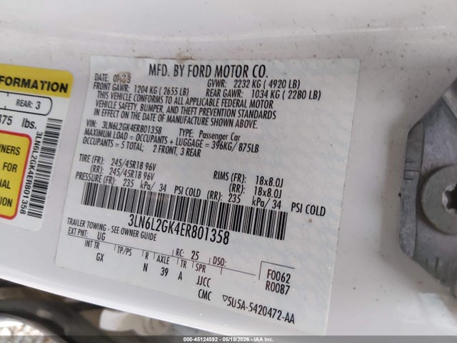 Aukcja sprzedaży 2014 Lincoln Mkz, vin: 3LN6L2GK4ER801358, numer aukcji: 45124592