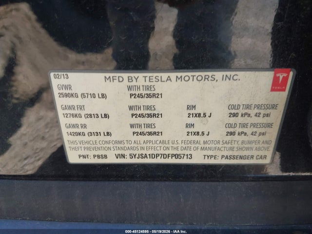 Продаж на аукціоні авто 2013 Tesla Model S Performance, vin: 5YJSA1DP7DFP05713, номер лоту: 45124595