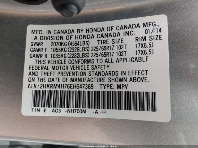 45124606 :رقم المزاد ، 2HKRM4H76EH647369 vin ، 2014 Honda Cr-v Ex-l مزاد بيع