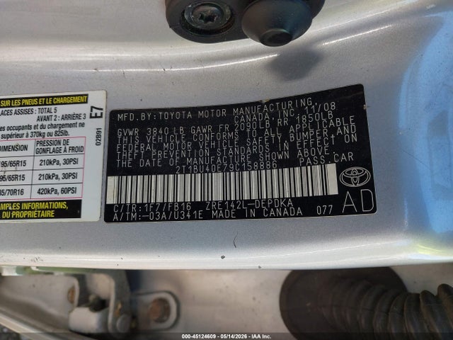 45124609 :رقم المزاد ، 2T1BU40E79C158886 vin ، 2009 Toyota Corolla Le مزاد بيع