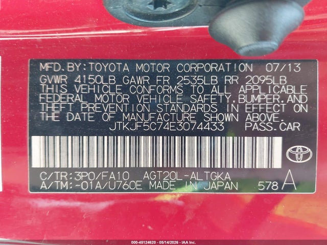 2014 Scion Tc მანქანა იყიდება აუქციონზე, vin: JTKJF5C74E3074433, აუქციონის ნომერი: 45124620