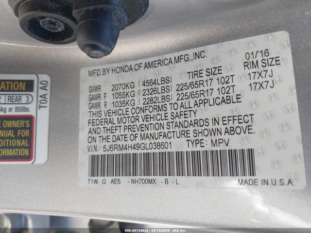 Aukcja sprzedaży 2016 Honda Cr-v Se, vin: 5J6RM4H49GL038601, numer aukcji: 45124624