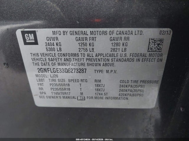 Продаж на аукціоні авто 2013 Chevrolet Equinox Ltz, vin: 2GNFLGE33D6273287, номер лоту: 45124634