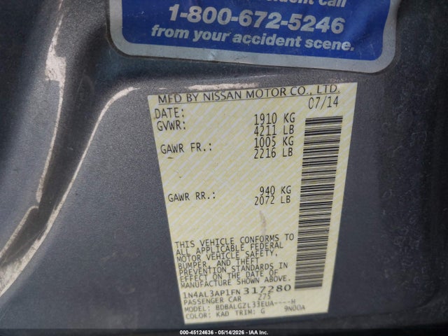 45124636 :رقم المزاد ، 1N4AL3AP1FN317280 vin ، 2015 Nissan Altima 2.5 S مزاد بيع