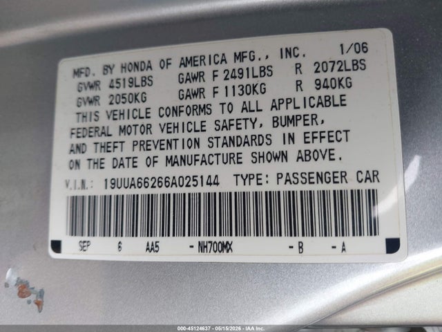 Aukcja sprzedaży 2006 Acura Tl, vin: 19UUA66266A025144, numer aukcji: 45124637