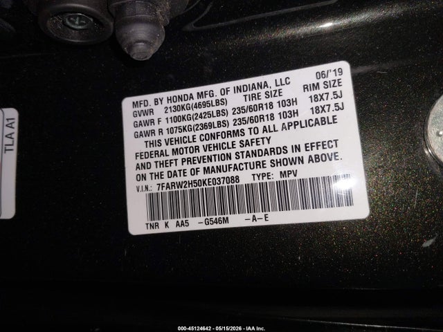 Auction sale of the 2019 Honda Cr-v Ex, vin: 7FARW2H50KE037088, lot number: 45124642