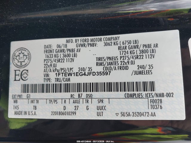 Aukcja sprzedaży 2018 Ford F-150 Limited, vin: 1FTEW1EG4JFD35597, numer aukcji: 45124644