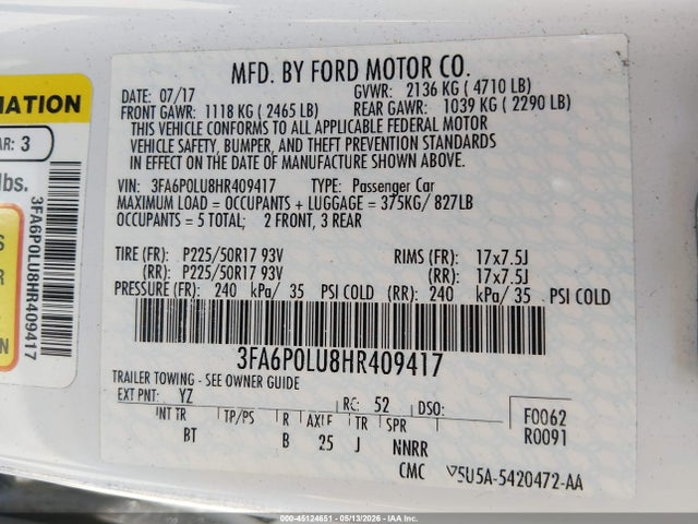 2017 Ford Fusion Hybrid Se მანქანა იყიდება აუქციონზე, vin: 3FA6P0LU8HR409417, აუქციონის ნომერი: 45124651