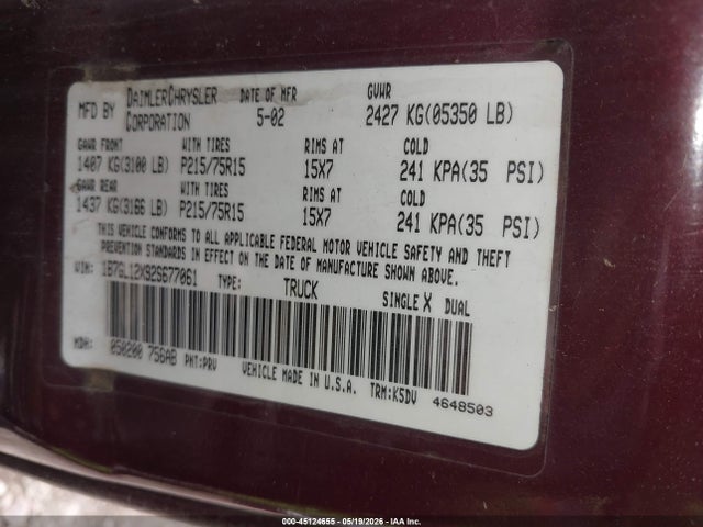 Aukcja sprzedaży 2002 Dodge Dakota, vin: 1B7GL12X92S677061, numer aukcji: 45124655