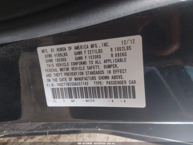 Aukcja sprzedaży 2013 Honda Accord Lx-s, vin: 1HGCT1B35DA007142, numer aukcji: 45124656
