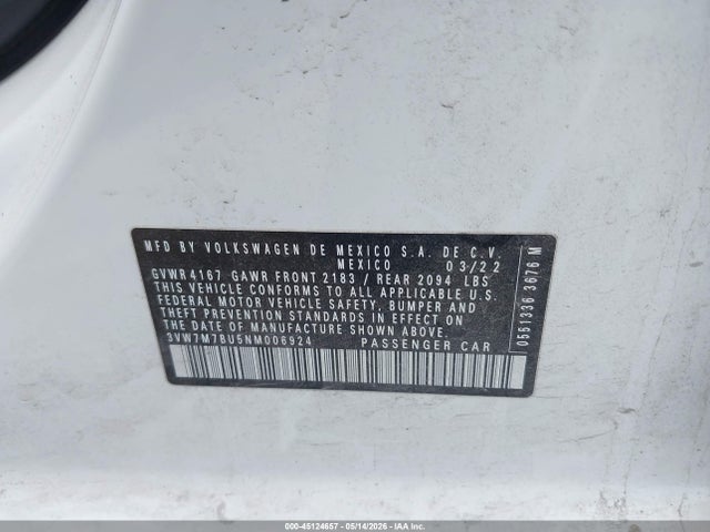 Продажа на аукционе авто 2022 Volkswagen Jetta 1.5t Se, vin: 3VW7M7BU5NM006924, номер лота: 45124657