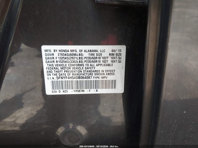 Продажа на аукционе авто 2013 Honda Pilot Ex-l, vin: 5FNYF4H54DB064087, номер лота: 45124658