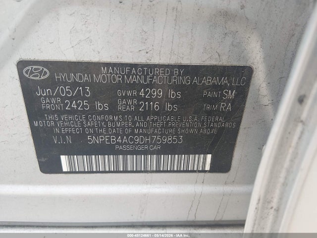 45124661 :رقم المزاد ، 5NPEB4AC9DH759853 vin ، 2013 Hyundai Sonata Gls مزاد بيع