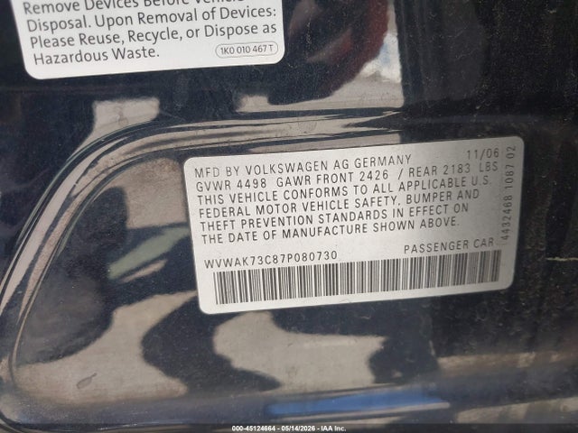 Продажа на аукционе авто 2007 Volkswagen Passat 2.0t, vin: WVWAK73C87P080730, номер лота: 45124664