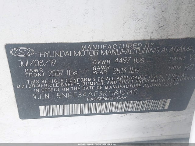 2019 Hyundai Sonata Sel მანქანა იყიდება აუქციონზე, vin: 5NPE34AF3KH810140, აუქციონის ნომერი: 45124669