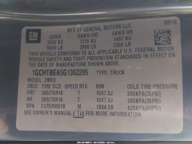 Продаж на аукціоні авто 2016 Chevrolet Colorado Wt, vin: 1GCHTBEA5G1362286, номер лоту: 45124671