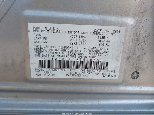 Продаж на аукціоні авто 2010 Mitsubishi Galant Es/se, vin: 4A32B3FF1AE015558, номер лоту: 45124673