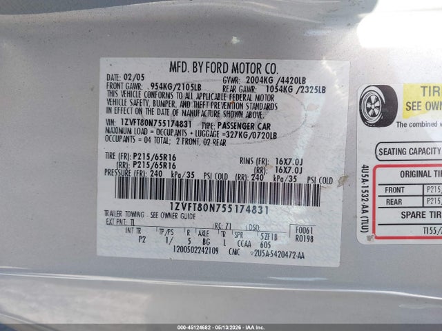 Aukcja sprzedaży 2005 Ford Mustang V6 Deluxe/v6 Premium, vin: 1ZVFT80N755174831, numer aukcji: 45124682