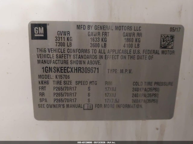 Продаж на аукціоні авто 2017 Chevrolet Tahoe Commercial Fleet, vin: 1GNSKEECXHR309671, номер лоту: 45124696
