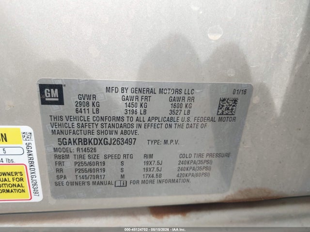 45124702 :رقم المزاد ، 5GAKRBKDXGJ263497 vin ، 2016 Buick Enclave Leather مزاد بيع
