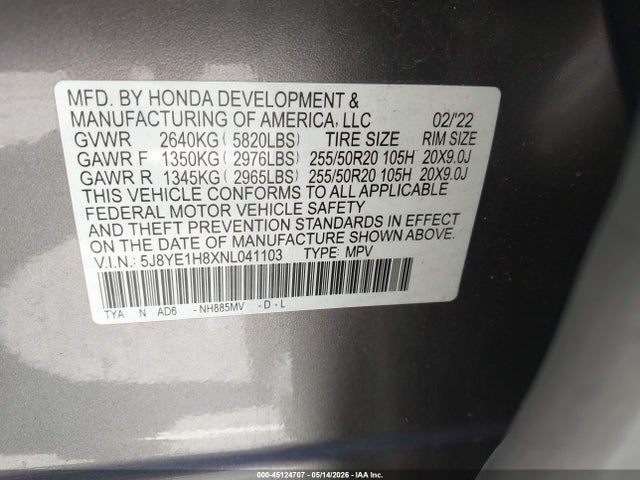 45124707 :رقم المزاد ، 5J8YE1H8XNL041103 vin ، 2022 Acura Mdx Advance Package مزاد بيع