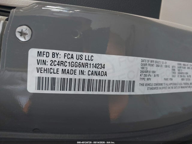 45124729 :رقم المزاد ، 2C4RC1GG6NR114234 vin ، 2022 Chrysler Pacifica Limited مزاد بيع