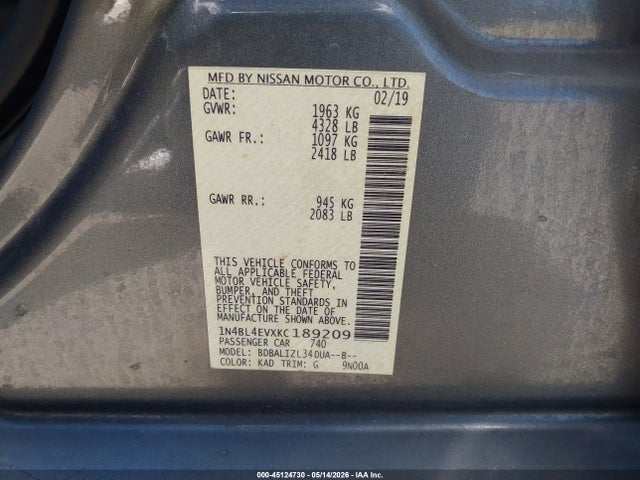 Продаж на аукціоні авто 2019 Nissan Altima 2.5 Sl, vin: 1N4BL4EVXKC189209, номер лоту: 45124730