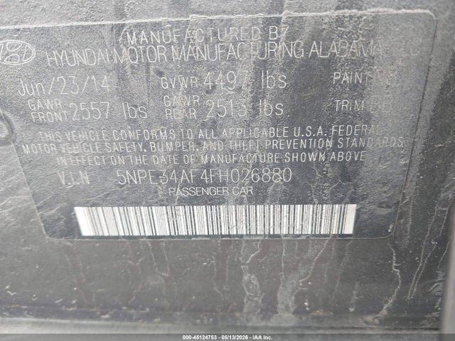 45124753 :رقم المزاد ، 5NPE34AF4FH026880 vin ، 2015 Hyundai Sonata Limited مزاد بيع